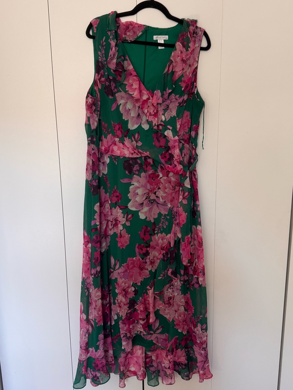 London Times Floral Faux Wrap Ruffle Hem Midi Maxi Dress Green Pink Size 18 - Picture 4 of 7